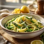 asparagus pasta recipe with garlic, parmesan, and lemon