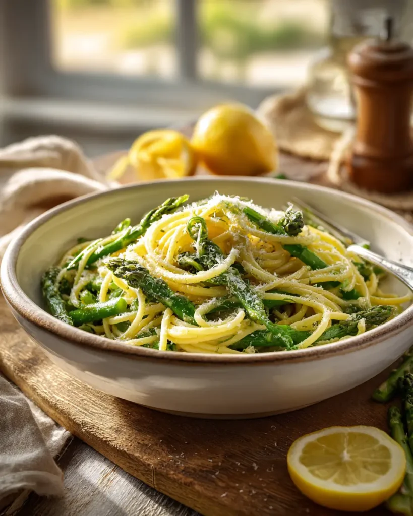 asparagus pasta recipe with garlic, parmesan, and lemon