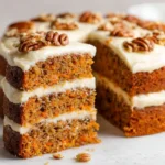 Einstein Carrot Cake topped with cream cheese frosting and garnished with walnuts