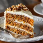 Delicious carrot cake with cream cheese frosting on a rustic table